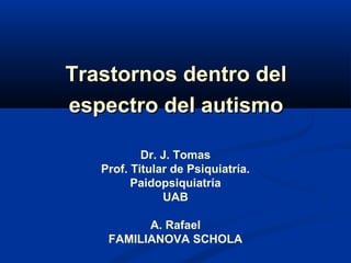 Trastornos dentro del
espectro del autismo
Dr. J. Tomas
Prof. Titular de Psiquiatría.
Paidopsiquiatría
UAB
A. Rafael
FAMILIANOVA SCHOLA

 