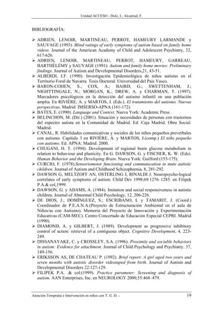 Unidad ACCESO - Dolz, I.; Alcantud, F.


BIBLIOGRAFÍA:

   ADRIEN, LENOIR, MARTINEAU, PERROT, HAMEURY LARMANDE y
   SAUVAGE (1993). Blind ratings of early symptoms of autism based on family home
   videos. Journal of the American Academy of Child and Adolescent Psychiatry, 32,
   617-626.
   ADRIEN, LENOIR, MARTINEAU, PERROT, HAMEURY, GARREAU,
   BARTHÈLÈMY y SAUVAGE (1991). Autism and family home movies: Preliminary
   findings. Journal of Autism and Developmental Disorders,21, 43-51.
   ALBERDI, J.F. (1990). Investigación Epidemiológica de niños autistas en el
   Territorio Foral de Navarra. Tesis Doctoral. Universidad del País Vasco.
   BARON-COHEN, S.; COX, A.; BAIRD, G.; SWETTENHAM, J.;
   NIGHTTINGALE, N.; MORGAN, K.; DREW, A. y CHARMAN, T. (1997).
   Marcadores psicológicos en la detección del autismo infantil en una población
   amplia. En RIVIÈRE, A. y MARTOS, J. (Eds.). El tratamiento del autismo. Nuevas
   perspectivas. Madrid: IMSERSO-APNA (161-172).
   BATES, E. (1990). Language and Context. Nueva York: Academic Press.
   BELINCHON, M. (Dir.) (2001). Situación y necesidades de personas con trastornos
   del espectro autista en la Comunidad de Madrid. Ed. Caja Madrid. Obra Social.
   Madrid.
   CANAL, R. Habilidades comunicativas y sociales de los niños pequeños preverbales
   con autismo. Capítulo 3 en RIVIÈRE, Á. y MARTOS, J.(comp.) El niño pequeño
   con autismo. Ed. APNA: Madrid. 2000.
   CHUGANI, H. T. (1994). Development of regional brain glucose metabolism in
   relation to behaviour and plasticity. En G. DAWSON, G. y FISCHER, K. W. (Eds).
   Human Behavior and the Developing Brain. Nueva York: Guilford (153-175).
   CURCIO, F. (1978).Sensoriomotor funcioning and communication in mute autistic
   children. Journal of Autism and Childhood Schizophrenia, 8, 281-292.
   DAWSON G, MELTZOFF AN, OSTERLING J, RINALDI J. Neuropsycho-logical
   correlates of early symptoms of autism. Child Dev 1998;69:1276–1285. en Filipek
   P.A.& col,1999.
   DAWSON, G. y ADAMS, A. (1984). Imitation and social responsiveness in autistic
   children. Journal of Abnormal Child Psychology, 12, 206-226.
   DE DIOS, J.; DOMÍNGUEZ, S.; ESCRIBANO, L y TAMARIT, J. (Coord.)
   Coordinador de P.E.A.N.A.(Proyecto de Estructuración Ambiental en el aula de
   Niños/as con Autismo). Memoria del Proyecto de Innovación y Experimentación
   Educativas (CAM-MEC). Centro Concertado de Educación Especial CEPRI. Madrid
   (1990).
   DIAMOND, A. y GILBERT, J. (1989). Development as progressive inhibitory
   control of action: retrieval of a contiguous object. Cognitive Development, 4, 223-
   249.
   DISSANAYAKE, C. y CROSSLEY, S.A. (1996). Proximity and sociable behaviors
   in autism: Evidence for attachment. Journal of Child Psychology and Psychiatry. 37,
   149-156.
   ERIKSSON AS, DE CHATEAU P. (1992). Brief report: A girl aged two years and
   seven months with autistic disorder videotaped from birth. Journal of Autism and
   Developmental Disorders 22:127-129.
   FILIPEK P.A. .& col.(1999). Practice parameter: Screening and diagnosis of
   autism. AAN Enterprises, Inc. en NEUROLOGY 2000;55:468–479.


Atención Temprana e Intervención en niños con T. G. D. -                           19
 