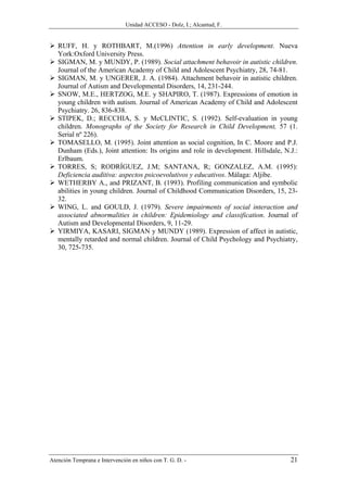 Unidad ACCESO - Dolz, I.; Alcantud, F.


   RUFF, H. y ROTHBART, M.(1996) Attention in early development. Nueva
   York:Oxford University Press.
   SIGMAN, M. y MUNDY, P. (1989). Social attachment behavoir in autistic children.
   Journal of the American Academy of Child and Adolescent Psychiatry, 28, 74-81.
   SIGMAN, M. y UNGERER, J. A. (1984). Attachment behavoir in autistic children.
   Journal of Autism and Developmental Disorders, 14, 231-244.
   SNOW, M.E., HERTZOG, M.E. y SHAPIRO, T. (1987). Expressions of emotion in
   young children with autism. Journal of American Academy of Child and Adolescent
   Psychiatry. 26, 836-838.
   STIPEK, D.; RECCHIA, S. y McCLINTIC, S. (1992). Self-evaluation in young
   children. Monographs of the Society for Research in Child Development, 57 (1.
   Serial nº 226).
   TOMASELLO, M. (1995). Joint attention as social cognition, In C. Moore and P.J.
   Dunham (Eds.), Joint attention: Its origins and role in development. Hillsdale, N.J.:
   Erlbaum.
   TORRES, S; RODRÍGUEZ, J.M; SANTANA, R; GONZALEZ, A.M. (1995):
   Deficiencia auditiva: aspectos psicoevolutivos y educativos. Málaga: Aljibe.
   WETHERBY A., and PRIZANT, B. (1993). Profiling communication and symbolic
   abilities in young children. Journal of Childhood Communication Disorders, 15, 23-
   32.
   WING, L. and GOULD, J. (1979). Severe impairments of social interaction and
   associated abnormalities in children: Epidemiology and classification. Journal of
   Autism and Developmental Disorders, 9, 11-29.
   YIRMIYA, KASARI, SIGMAN y MUNDY (1989). Expression of affect in autistic,
   mentally retarded and normal children. Journal of Child Psychology and Psychiatry,
   30, 725-735.




Atención Temprana e Intervención en niños con T. G. D. -                             21
 