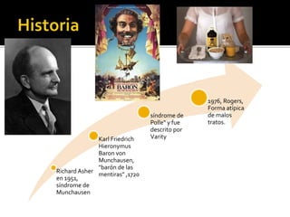 Karl Friedrich
Hieronymus
Baron von
Munchausen,
"barón de las
Richard Asher
mentiras" ,1720
en 1951,
síndrome de
Munchausen

síndrome de
Polle" y fue
descrito por
Varity

1976, Rogers,
Forma atípica
de malos
tratos.

 
