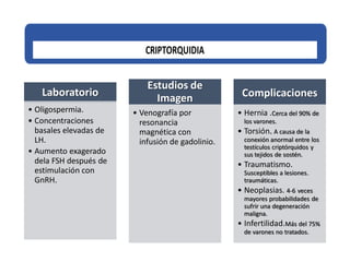 Laboratorio
• Oligospermia.
• Concentraciones
basales elevadas de
LH.
• Aumento exagerado
dela FSH después de
estimulación con
GnRH.
Estudios de
Imagen
• Venografía por
resonancia
magnética con
infusión de gadolinio.
Complicaciones
• Hernia .Cerca del 90% de
los varones.
• Torsión. A causa de la
conexión anormal entre los
testículos criptórquidos y
sus tejidos de sostén.
• Traumatismo.
Susceptibles a lesiones.
traumáticas.
• Neoplasias. 4-6 veces
mayores probabilidades de
sufrir una degeneración
maligna.
• Infertilidad.Más del 75%
de varones no tratados.
 