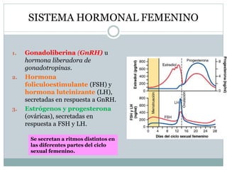 SISTEMA HORMONAL FEMENINO
1. Gonadoliberina (GnRH) u
hormona liberadora de
gonadotropinas.
2. Hormona
foliculoestimulante (FSH) y
hormona luteinizante (LH),
secretadas en respuesta a GnRH.
3. Estrógenos y progesterona
(ováricas), secretadas en
respuesta a FSH y LH.
Se secretan a ritmos distintos en
las diferentes partes del ciclo
sexual femenino.
 