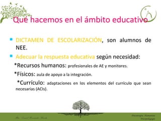 Mtro. DanielHernández Huerta
Psicoterapia Humanista
Psicopedagogía
Qué hacemos en el ámbito educativo
 DICTAMEN DE ESCOLARIZACIÓN, son alumnos de
NEE.
 Adecuar la respuesta educativa según necesidad:
*Recursos humanos: profesionales de AE y monitores.
*Físicos: aula de apoyo a la integración.
*Currículo: adaptaciones en los elementos del currículo que sean
necesarias (ACIs).
 