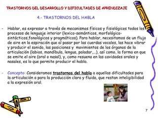 7
4.- TRASTORNOS DEL HABLA
- Hablar, es expresar a través de mecanismos físicos y fisiológicos todos los
procesos de lenguaje interior (lexico-semánticos, morfológico-
sintácticos,fonológicos y pragmáticos). Para hablar, necesitamos de un flujo
de aire en la espiración que al pasar por las cuerdas vocales, las hace vibrar
y producir el sonido, las posiciones y movimientos de los órganos de la
articulación (labios, mandíbula, lengua, paladar,...), así como, la forma en que
se emite el aire (oral o nasal), y, como resuena en las cavidades orales y
nasales, es lo que permite producir el habla.
- Concepto: Consideramos trastornos del habla a aquellas dificultades para
la articulación o para la producción clara y fluida, que restan inteligibilidad
a la expresión oral.
TRASTORNOS DEL DESARROLLO Y DIFICULTADES DE APRENDIZAJETRASTORNOS DEL DESARROLLO Y DIFICULTADES DE APRENDIZAJE
 