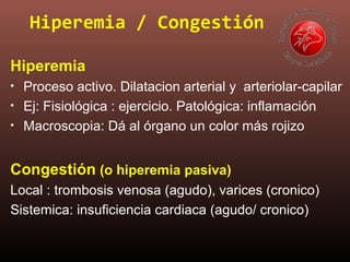 Hiperemia
• Proceso activo. Dilatacion arterial y arteriolar-capilar
• Ej: Fisiológica : ejercicio. Patológica: inflamación
• Macroscopia: Dá al órgano un color más rojizo
Congestión (o hiperemia pasiva)
Local : trombosis venosa (agudo), varices (cronico)
Sistemica: insuficiencia cardiaca (agudo/ cronico)
Hiperemia / Congestión
 