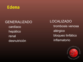 Edema
GENERALIZADO
cardíaco
hepático
renal
desnutrición
LOCALIZADO
trombosis venosa
alérgico
bloqueo linfático
inflamatorio
 