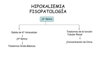 HIPOKALIEMIA
FISOPATOLOGÍA
↓K+ Sérico
Salida de K+ Intracelular Trastornos de la función
Tubular Renal
↓H+ Sérico
Trastornos Ácido-Básicos
↓Concentración de Orina
 