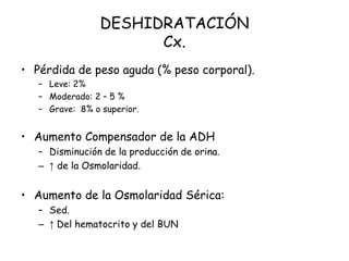 DESHIDRATACIÓN
Cx.
• Pérdida de peso aguda (% peso corporal).
– Leve: 2%
– Moderado: 2 – 5 %
– Grave: 8% o superior.
• Aumento Compensador de la ADH
– Disminución de la producción de orina.
– ↑ de la Osmolaridad.
• Aumento de la Osmolaridad Sérica:
– Sed.
– ↑ Del hematocrito y del BUN
 
