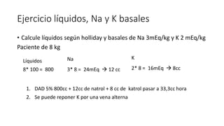 Ejercicio líquidos, Na y K basales
• Calcule líquidos según holliday y basales de Na 3mEq/kg y K 2 mEq/kg
Paciente de 8 kg
Líquidos
8* 100 = 800
Na
3* 8 = 24mEq  12 cc
K
2* 8 = 16mEq  8cc
1. DAD 5% 800cc + 12cc de natrol + 8 cc de katrol pasar a 33,3cc hora
2. Se puede reponer K por una vena alterna
 