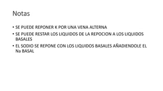 Notas
• SE PUEDE REPONER K POR UNA VENA ALTERNA
• SE PUEDE RESTAR LOS LIQUIDOS DE LA REPOCION A LOS LIQUIDOS
BASALES
• EL SODIO SE REPONE CON LOS LIQUIDOS BASALES AÑADIENDOLE EL
Na BASAL
 