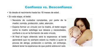 • Va desde el nacimiento hasta los 18 meses de edad.
• En esta etapa, el bebé:
• Necesita de cuidados constantes, por parte de la
madre: comida, protección, calor, atención.
• Espera formar un vínculo con la madre, el bebé según
como la madre satisfaga sus deseos y necesidades,
confiará o no en la formación de este vínculo.
• Al final el logro obtenido será la esperanza: el bebé
aprenderá que no siempre estará su madre o quien le
provea de abrigo, protección o comida, sin embargo,
deberá tener la esperanza de que podrá sobrevivir solo.
Confianza vs. Desconfianza
 