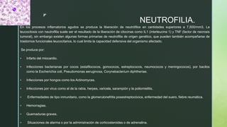 z
NEUTROFILIA.
En los procesos inflamatorios agudos se produce la liberación de neutrófilos en cantidades superiores a 7,500/mm3, La
leucocitosis con neutrofilia suele ser el resultado de la liberación de citocinas como IL1 (interleucina 1) y TNF (factor de necrosis
tumoral), sin embargo existen algunas formas primarias de neutrofilia de origen genético, que pueden también acompañarse de
trastornos funcionales leucocitarios, lo cual limita la capacidad defensiva del organismo afectado.
Se produce por:
 Infarto del miocardio.
 Infecciones bacterianas por cocos (estafilococos, gonococos, estreptococos, neumococos y meningococos), por bacilos
como la Escherichia coli, Pseudomonas aeruginosa, Corynebacterium diphtheriae.
 Infecciones por hongos como los Actinomyces.
 Infecciones por virus como el de la rabia, herpes, varicela, sarampión y la poliomielitis.
 Enfermedades de tipo inmunitario, como la glomerulonefritis posestreptocócica, enfermedad del suero, fiebre reumática.
 Hemorragias.
 Quemaduras graves.
 Situaciones de alarma o por la administración de corticosteroides o de adrenalina.
 