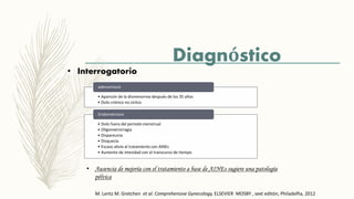 M. Lentz M. Gretchen et al. Comprehensive Gynecology, ELSEVIER MOSBY , sext editón, Philadelfia, 2012
Diagnóstico
• Interrogatorio
• Aparicón de la dismenorrea después de los 35 años
• Dolo crónico no cíclico
adenomiosis
• Dolo fuera del período menstrual
• Oligometrorragia
• Dispareunia
• Disquecia
• Escaso alivio al tratamiento con AINEs
• Aumento de intesidad con el transcurso de tiempo
Endometriosis
• Ausencia de mejoría con el tratamiento a base de AINEs sugiere una patología
pélvica
 