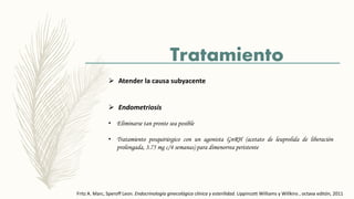Tratamiento
 Atender la causa subyacente
 Endometriosis
• Eliminarse tan pronte sea posible
• Tratamiento posquirúrgico con un agonista GnRH (acetato de leuprolida de liberación
prolongada, 3.75 mg c/4 semanas) para dimenorrea peristente
Fritz A. Marc, Speroff Leon. Endocrinología ginecológica clínica y esterilidad. Lippincott Williams y Willkins , octava editón, 2011
 