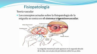 Fisiopatología
Teoría vascular
 Los conceptos actuales sobre la fisiopatología de la
migraña se centra en el sistema trigeminovascular.
La migraña menstrual suele aparecer en la segunda década
de la vida, con un pico de prevalencia sobre los 40 años.
 