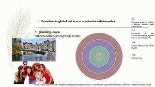 • Prevalencia global del 60 – 90 % entre las adolescentes
8%
No puede acudir al trabajo
o escuela durante cada
mensruación
15%
Limitación de sus
actividades diarias a pesar
del uso de medicamento
38%
Utiliza fármacos de forma
regular
72%.
Dismenorrea
• Gôtemborg, suecia.
Muestra aleatorio en mujeres de 19 años
Fritz A. Marc, Speroff Leon. Endocrinología ginecológica clínica y esterilidad. Lippincott Williams y Willkins , octava edición, 2011
 