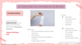 ALTERACIONES DE CANTIDAD DE EXCRECIÓN
HIPOMENORREA
Llamada también
criptomenorrea, es una
disminución del flujo
menstrual→ escaso flujo
menstrual.
- Menor a 30 ml por
ciclo.
Causas:
● Naturales:
- Perimenopausia.
- Embarazo.
- Lactancia.
- Pubertad.
● Subyacentes:
- Ovario poliquístico.
- Enf. tiroides.
- Trastornos
alimenticios.
- Estrés postraumático.
Síntomas:
- Poca necesidad de cambiar toallas
sanitarias.
- Flujo escaso.
- Sangrado menstrual semejante a
manchas.
- Ciclos cortos (<3 días)
Hoffman B, Schorge J, Bradshaw K. Williams. Ginecología.
4ª ed. Distrito Federal: McGraw-Hill Interamericana; 2020.
Gerardo A. Franco Garcia
 