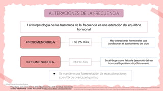 ALTERACIONES DE LA FRECUENCIA
La fisiopatología de los trastornos de la frecuencia es una alteración del equilibrio
hormonal
PROIOMENORREA
OPSOMENORREA
< de 25 días
39 a 90 días
Hay alteraciones hormonales que
condicionan el acortamiento del ciclo
Se atribuye a una falta de desarrollo del eje
hormonal hipotálamo-hipófisis-ovario.
● Se mantiene una fuerte relación de estas alteraciones
con el Sx de ovario poliquístico
Francisco Berumen Enciso. Lázaro Pavía Crespo. José Castillo Acuña. (2007). Clasificación y nomenclatura de las alteraciones menstruales .
31/08/2022, de Ginecología y Obstetricia de México Sitio web: https://ginecologiayobstetricia.org.mx/download/2363
Puig, Marina. (3 de noviembre de 2019). Opsomenorrea: ciclo menstrual, descripción,
causas, tratamientos. Lifeder. Recuperado de https://www.lifeder.com/opsomenorrea/.
Alfredo Daniel Gonzákez Rivera
 