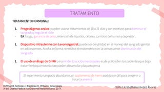 TRATAMIENTO
TRATAMIENTO HORMONAL:
1. Progestágenos orales: pueden usarse tratamientos de 10 a 21 días y son efectivos para disminuir el
sangrado y regular el ciclo
- EA: fatiga, ganancia de peso, retención de líquidos, cefalea, cambios de humor y depresión.
1. Dispositivo intrauterino con Levonorgestrel: puede ser de utilidad en el manejo del sangrado genital
en adolescentes. Atrofia en forma reversible el endometrio con la consecuente disminución del
sangrado
1. El uso de análogo de GnRH para inhibir los ciclos menstruales es de utilidad en las pacientes que bajo
tratamiento quimioterápico pueden desarrollar plaquetopenia
Si experimenta sangrado abundante, un suplemento de hierro podría ser útil para prevenir o
tratar la anemia
Sofía Elizabeth Hernández Álvarez
Hoffman B, Schorge J, Bradshaw K. Williams. Ginecología.
3ª ed. Distrito Federal: McGraw-Hill Interamericana; 2017.
 