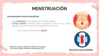 MENSTRUACIÓN
La menstruación normal se describe de:
- Color rojo oscuro, no se coagula ni contiene fibrinógeno.
- El flujo contiene: hematíes, tejido endometrial, moco cervical, células
vaginales y cervicales, bacterias, prostaglandinas y enzimas.
→ La sangre es de predominio arterial.
Hoffman B, Schorge J, Bradshaw K. Williams. Ginecología.
3ª ed. Distrito Federal: McGraw-Hill Interamericana; 2017.
Sofía García Aceves #2256065
 