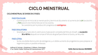CICLO MENSTRUAL
CICLO MENSTRUAL SE DIVIDE EN 3 FASES:
- FASE FOLICULAR:
- Comienza con el inicio de la menstruación y termina el día anterior al aumento de la LH (ovulación)
y FSH para el crecimiento folicular en los ovarios.
- Se caracteriza por la producción progresiva de estrógenos.
- FASE OVULATORIA:
- Se produce un pico de LH, estimula la maduración completa del folículo (Graaf) → ovulación
- 36 a 48 hrs después se rompe el folículo de graaf para liberar al óvulo y se fecunde.
- FASE LÚTEA:
- Se da una doble disminución de estrógenos y un doble aumento de progesterona para preparar al
organismo para un posible embarazo.
Hoffman B, Schorge J, Bradshaw K. Williams. Ginecología.
3ª ed. Distrito Federal: McGraw-Hill Interamericana; 2017. Sofía García Aceves #2256065
 