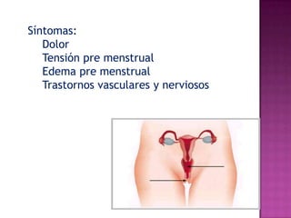 Síntomas:
   Dolor
   Tensión pre menstrual
   Edema pre menstrual
   Trastornos vasculares y nerviosos
 