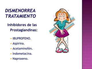 Inhibidores de las
  Prostaglandinas:

    IBUPROFENO.
    Aspirina.
    Acetaminofén.
    Indometacina.
    Naproxeno.
 
