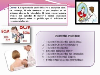 Curso: La hipocondría puede iniciarse a cualquier edad;
sin embargo, lo más frecuente es que empiece en los
primeros años de la vida adulta. El curso es generalmente
crónico, con períodos de mayor o menor intensidad,
aunque algunas veces es posible que el individuo se
recupere totalmente.
Diagnostico Diferencial
1. Trastorno de ansiedad generalizada
2. Trastorno Obsesivo compulsivo
3. Trastorno de angustia
4. Episodio depresivo mayor
5. Trastorno de ansiedad por separación
6. Trastorno dismorfico corporal
7. Fobia especifica de las enfermedades
 