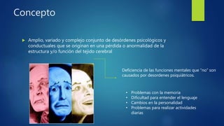 Concepto
 Amplio, variado y complejo conjunto de desórdenes psicológicos y
conductuales que se originan en una pérdida o anormalidad de la
estructura y/o función del tejido cerebral
Deficiencia de las funciones mentales que “no” son
causados por desordenes psiquiátricos.
• Problemas con la memoria
• Dificultad para entender el lenguaje
• Cambios en la personalidad
• Problemas para realizar actividades
diarias
 