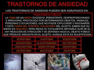 TRASTORNOS DE ANSIEDAD LOS TRASTORNOS DE ANSIEDAD PUEDEN SER AGRUPADOS EN: TRASTORNOS FÓBICOS LA   FOBIA   ES UN   MIEDO   EXCESIVO, PERSISTENTE, DESPROPORCIONADO E IRRACIONAL PROVOCADO POR DETERMINADOS OBJETOS, ANIMALES, PERSONAS O SITUACIONES, QUE NO PUEDE EXPLICARSE O RAZONARSE Y ESTÁ   FUERA DEL CONTROL VOLUNTARIO   DEL SUJETO: SABEN QUE SU MIEDO ES   ABSURDO , PERO RESULTA TOTALMENTE IMPOSIBLE HUIR DE ÉL. HAY REACCIÓN DE ATRACCIÓN Y DE DEFENSA HACIA EL OBJETO FÓBICO QUE PRODUCE ANGUSTIA EN EL SUJETO, AUNQUE ESTA ES INJUSTIFICADA MICOFOBIA HEMATOFOBIA CLAUSTROBOBIA AVIOFOBIA ZOOFOBIA ASTRAFOBIA XENOFOBIA ARACNOFOBIA NICTOFOBIA AGORAFOBIA NOSOFOBIA ACROFOBIA 