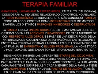 TERAPIA FAMILIAR G.BATESON ,  J.WEAKLAND   &  P.WATZLAWICK , PALO ALTO (CALIFORNIA), CONSIDERAN AL INDIVIDUO RELACIONADO CON OTROS, NO AISLADO. LA   TERAPIA SISTÉMICA   ESTUDIA EL GRUPO MÁS CONOCIDO ( FAMILIA ) COMO UN TODO, OBSERVA CÓMO   INTERACTÚAN   SUS MIEMBROS Y EXAMINA LOS DISTINTOS   PATRONES INHIBIDORES   O   DESTRUCTIVOS LA   FAMILIA   ES UNA   UNIDAD SOCIAL : EL SISTEMA FAMILIAR DEBE SER OBSERVADO EN LAS   ACCIONES   Y   REACCIONES   DE CADA MIEMBRO DE CON   RESPECTO A LOS OTROS . SE PASA DE UNA DESCRIPCIÓN DE LA NATURALEZA DE ALGUIEN A UNA DESCRIPCIÓN DE LAS RELACIONES ENTRE UNA PERSONA Y OTRAS. LA FORMA EN QUE LOS MIEMBROS DE UNA FAMILIA SE   ENFRENTAN   O   ELUDEN PROBLEMAS , LA HONESTIDAD U HOSTILIDAD EN QUE BASAN SON DE IMPORTANCIA TERAPEUTICA TIENEN GRAN INTERÉS LAS DIFERENTES   ETAPAS DEL CICLO VITAL : LA INDEPENDENCIA DE LA FAMILIA ORIGINARIA, CÓMO SE FORMA UNA PAREJA ESTABLE, FAMILIA CON HIJOS ADOLESCENTES, LA JUBILACIÓN CADA FASE TIENE SUS REGLAS Y CADA MIEMBRO DE LA FAMILIA TIENE QUE   ADAPTARSE   Y CREAR NUEVAS   PAUTAS DE RELACIÓN . TAMBIÉN ES DE GRAN AYUDA EN PROCESOS DE SEPARACIÓN Y DIVORCIOS 