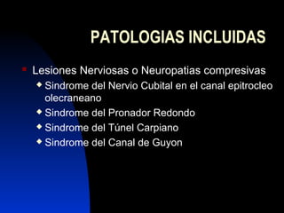 PATOLOGIAS INCLUIDAS 
 Lesiones Nerviosas o Neuropatias compresivas 
 Sindrome del Nervio Cubital en el canal epitrocleo...