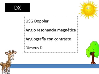 DX

     USG Doppler

     Angio resonancia magnética

     Angiografía con contraste

     Dimero D
 