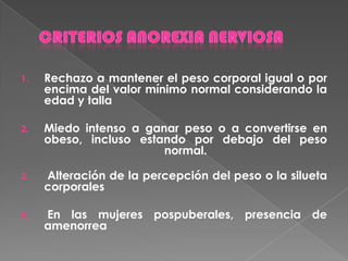 1. Rechazo a mantener el peso corporal igual o por
encima del valor mínimo normal considerando la
edad y talla
2. Miedo intenso a ganar peso o a convertirse en
obeso, incluso estando por debajo del peso
normal.
3. Alteración de la percepción del peso o la silueta
corporales
4. En las mujeres pospuberales, presencia de
amenorrea
 
