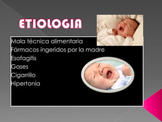 Mala técnica alimentaria
Fármacos ingeridos por la madre
Esofagitis
Gases
Cigarrillo
Hipertonía
 