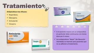 Antipsicóticos mas eficaces:
 Risperidona.
 Olanzapina.
 Amisulpride
 Clozapina
 Si el paciente mejora con un antipsicótico
en particular debe continuarse a la misma
dosis por 6 meses.
 Los antipsicóticos “depot” (de liberación
retardada) se reservan para pacientes que
no se adhieren al tratamiento.
 
