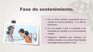1. Tras un primer episodio esquizomorfo que se
resuelve sin mayores problemas: 1 a 2 años de
tratamiento.
2. Tras una recaída: 5 años si el paciente se ha
recuperado por completo y no se han producido
recaídas.
3. Tratamiento indefinido para pacientes con
múltiples recaídas o una sola que haya implicado
serio peligro para el paciente u otros.
 