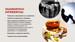 DIAGNOSTICO
DIFERENCIAL
• Trastornos relacionados con sustancias
• Trastornos depresivos y bipolares.
• Otros trastornos psicóticos (trastorno
esquizofreniforme, trastorno delirante,
trastorno depresivo con características
psicóticas, trastorno bipolar con
características psicóticas u otro trastorno
del espectro de la esquizofrenia
especificado o no especificado)
• Simulación y trastornos facticios.
• Trastornos de la personalidad
 