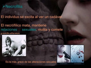 El individuo se excita al ver un cadáver. El necrófilico mata, mantiene  relaciones     sexuales , mutila y comete canibalismo. Necrofilia Es la más grave de las alteraciones sexuales 