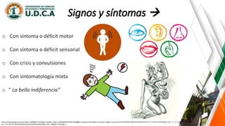 Signos y síntomas 
https://www.google.es/search?biw=1366&bih=637&tbm=isch&sa=1&ei=iyrYWqjKDrGL5wKrmrKIBg&q=sintomas+fisicos&oq=sintomas+fis&gs_l=psy-ab.3.0.0l10.935542.939153.0.941070.19.14.1.3.3.0.257.1579.0j10j1.12.0....0...1c.1.64.psy-
ab..3.15.1627.0..0i67k1j0i10i67k1j0i13k1j0i30k1j0i10i30k1.101.v-2BS3k6_OY#imgrc=_
o Con síntoma o déficit motor
o Con síntoma o déficit sensorial
o Con crisis y convulsiones
o Con sintomatología mixta
o “ La bella indiferencia”
 