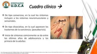 Cuadro clínico 
https://www.google.es/search?biw=1366&bih=637&tbm=isch&sa=1&ei=iyrYWqjKDrGL5wKrmrKIBg&q=sintomas+fisicos&oq=sintomas+fis&gs_l=psy-ab.3.0.0l10.935542.939153.0.941070.19.14.1.3.3.0.257.1579.0j10j1.12.0....0...1c.1.64.psy-
ab..3.15.1627.0..0i67k1j0i10i67k1j0i13k1j0i30k1j0i10i30k1.101.v-2BS3k6_OY#imgrc=_
 De tipo conversivo, en la cual los síntomas
incluyen a los sistemas neuromusculares y
sensoriales.
 De tipo disociativo, en la cual aparecen los
trastornos de la conciencia. (pseudocrisis).
 Inicio de síntomas comúnmente se da entre
los últimos años de adolescencia y los
primero de la adultez.
 