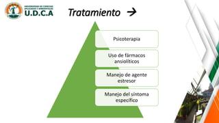 Tratamiento 
Psicoterapia
Uso de fármacos
ansiolíticos
Manejo de agente
estresor
Manejo del síntoma
específico
 
