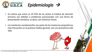 Epidemiología 
• Se estima que entre un 25-75% de las visitas al médico de atención
primaria son debidas a problemas psicosociales con una forma de
presentación somática, es decir, con síntomas físicos.
• Los trastornos somatomorfos son parte de los trastornos psiquiátricos
más frecuentes en la práctica médica general, con una prevalencia del
16%.
https://www.google.es/search?biw=1366&bih=637&tbm=isch&sa=1&ei=iyrYWqjKDrGL5wKrmrKIBg&q=sintomas+fisicos&oq=sintomas+fis&gs_l=psy-ab.3.0.0l10.935542.939153.0.941070.19.14.1.3.3.0.257.1579.0j10j1.12.0....0...1c.1.64.psy-
ab..3.15.1627.0..0i67k1j0i10i67k1j0i13k1j0i30k1j0i10i30k1.101.v-2BS3k6_OY#imgrc=_
 