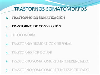 TRASTORNOS SOMATOMORFOS
1.   TRASTORNO DE SOMATIZACIÓN

2. TRASTORNO DE CONVERSIÓN

3.   HIPOCONDRÍA

4. TRASTORNO DISMÓRFICO CORPORAL

5.   TRASTORNO POR DOLOR

6. TRASTORNO SOMATOMORFO INDIFERENCIADO

7.   TRASTORNO SOMATOMORFO NO ESPECIFICADO
 