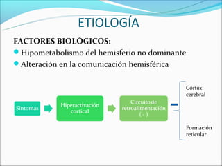 ETIOLOGÍA
FACTORES BIOLÓGICOS:
Hipometabolismo del hemisferio no dominante
Alteración en la comunicación hemisférica


                                           Córtex
                                           cerebral




                                           Formación
                                           reticular
 
