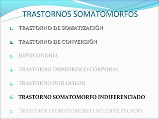 TRASTORNOS SOMATOMORFOS
1.   TRASTORNO DE SOMATIZACIÓN

2. TRASTORNO DE CONVERSIÓN

3.   HIPOCONDRÍA

4. TRASTORNO DISMÓRFICO CORPORAL

5.   TRASTORNO POR DOLOR

6. TRASTORNO SOMATOMORFO INDIFERENCIADO

7.   TRASTORNO SOMATOMORFO NO ESPECIFICADO
 