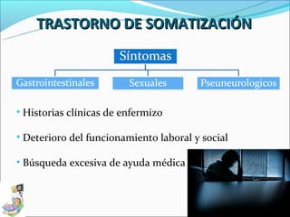 TRASTORNO DE SOMATIZACIÓN




• Historias clínicas de enfermizo

• Deterioro del funcionamiento laboral y social

• Búsqueda excesiva de ayuda médica
 