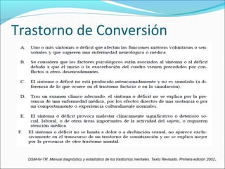 Trastorno de Conversión
DSM-IV-TR. Manual diagnóstico y estadístico de los trastornos mentales. Texto Revisado. Primera edición 2002.
 