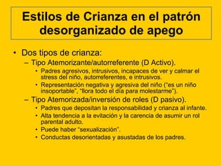 Estilos de Crianza en el patrón desorganizado de apego Dos tipos de crianza: Tipo Atemorizante/autorreferente (D Activo). Padres agresivos, intrusivos, incapaces de ver y calmar el stress del niño, autorreferentes, e intrusivos. Representación negativa y agresiva del niño (“es un niño insoportable”, “llora todo el día para molestarme”). Tipo Atemorizada/inversión de roles (D pasivo). Padres que depositan la responsabilidad y crianza al infante. Alta tendencia a la evitación y la carencia de asumir un rol parental adulto. Puede haber “sexualización”. Conductas desorientadas y asustadas de los padres. 