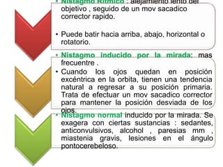 • Nistagmo Ritmico : alejamiento lento del
objetivo , seguido de un mov sacadico
corrector rapido.
• Puede batir hacia arriba, abajo, horizontal o
rotatorio.
• Nistagmo inducido por la mirada: mas
frecuentre .
• Cuando los ojos quedan en posición
excéntrica en la orbita, tienen una tendencia
natural a regresar a su posición primaria.
Trata de efectuar un mov sacadico corrector
para mantener la posición desviada de los
ojos.
• Nistagmo normal inducido por la mirada. Se
exagera con ciertas sustancias : sedantes,
anticonvulsivos, alcohol , paresias mm ,
miastenia gravis, lesiones en el ángulo
pontocerebeloso.
 